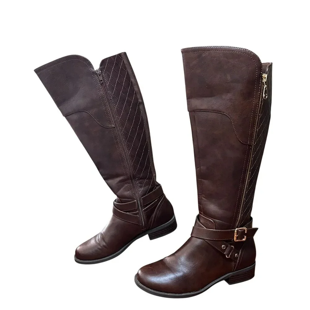 GBG Guess Boots Women's 7.5 Brown Knee High Riding Equestrian Wide Calf Buckle